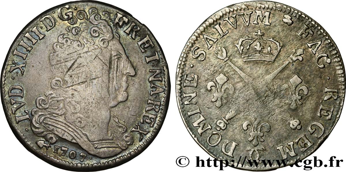 LOUIS XIV  THE SUN KING  20 sols aux insignes 1707 Besançon fSS