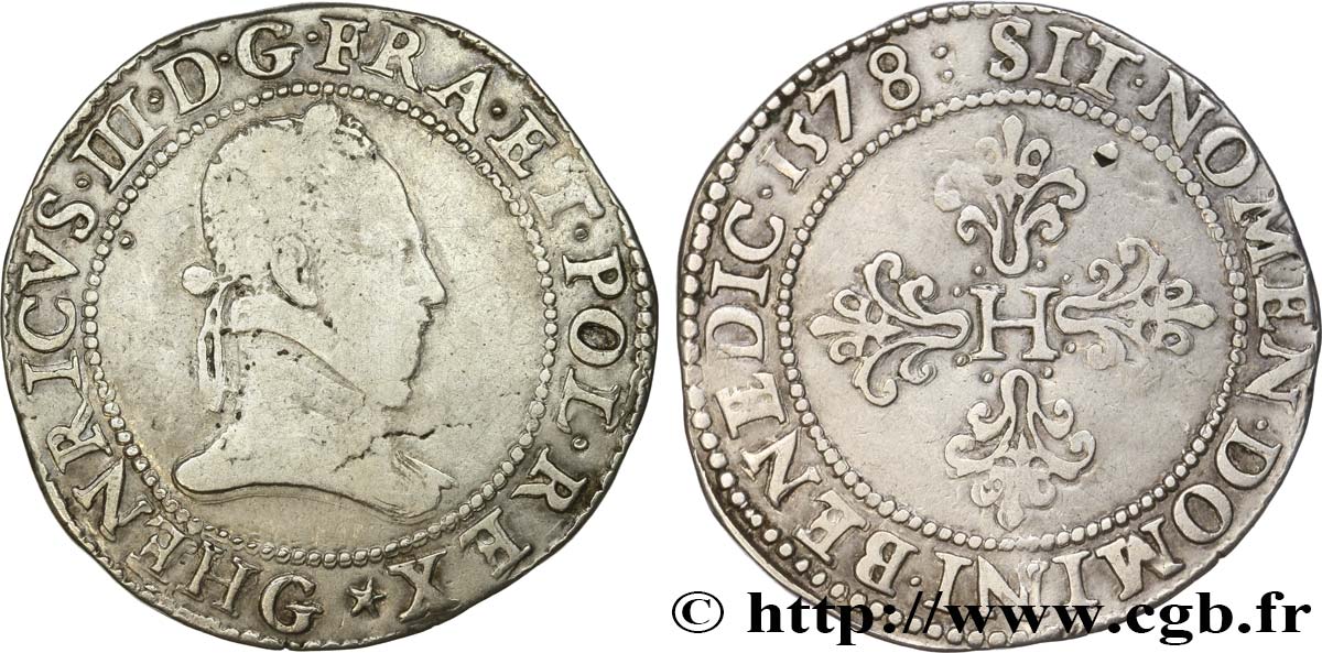 HENRY III Franc au col plat 1578 Poitiers VF/XF
