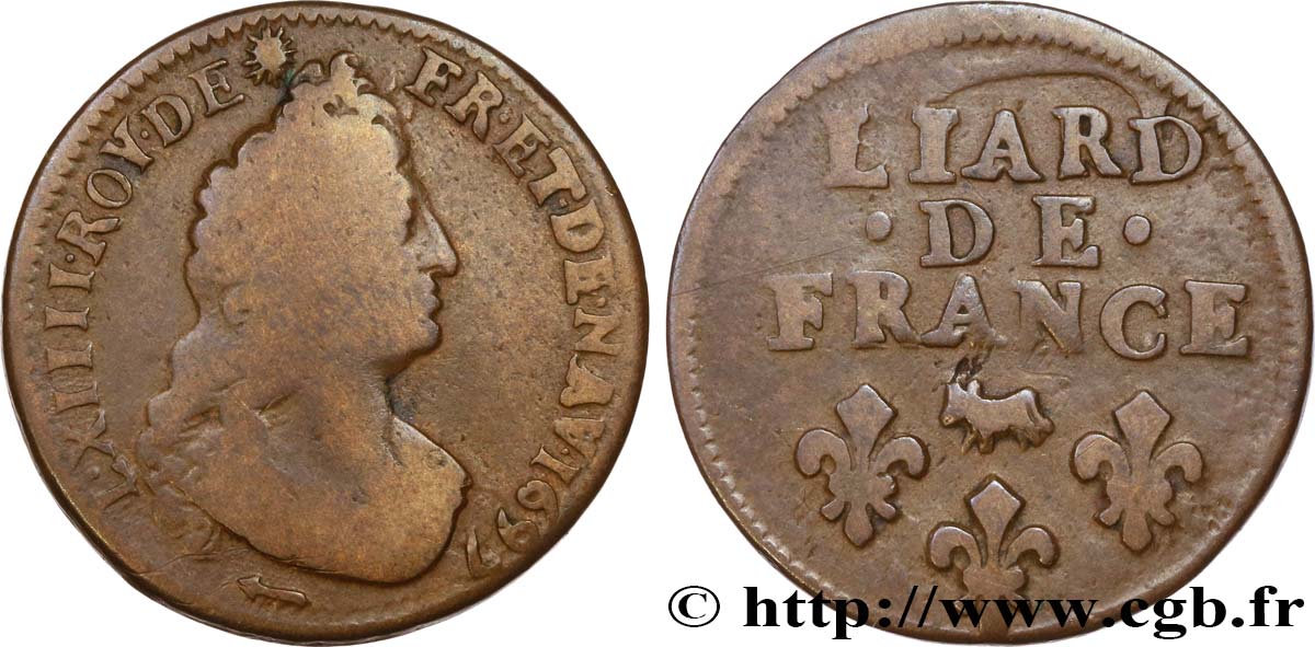 LOUIS XIV  THE SUN KING  Liard, 3e type, buste âgé 1697 Pau MB/q.BB