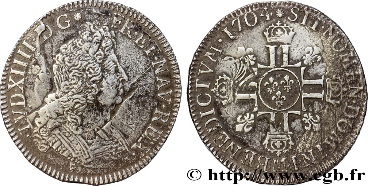 LOUIS XIV  THE SUN KING  Écu aux huit L, 2e type 1704 Toulouse VF