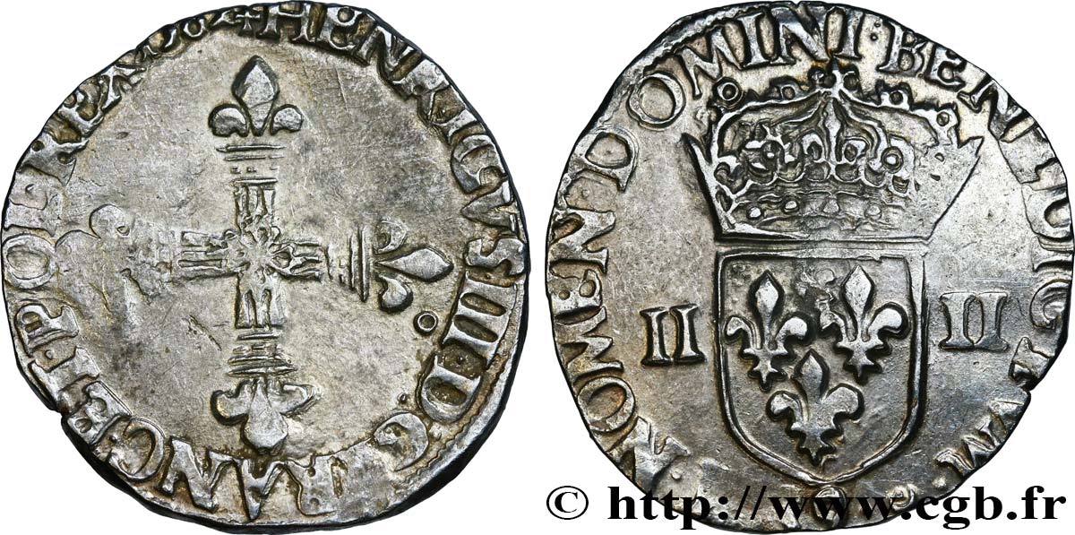 HENRI III Quart d écu, croix de face 1582 Rennes TTB
