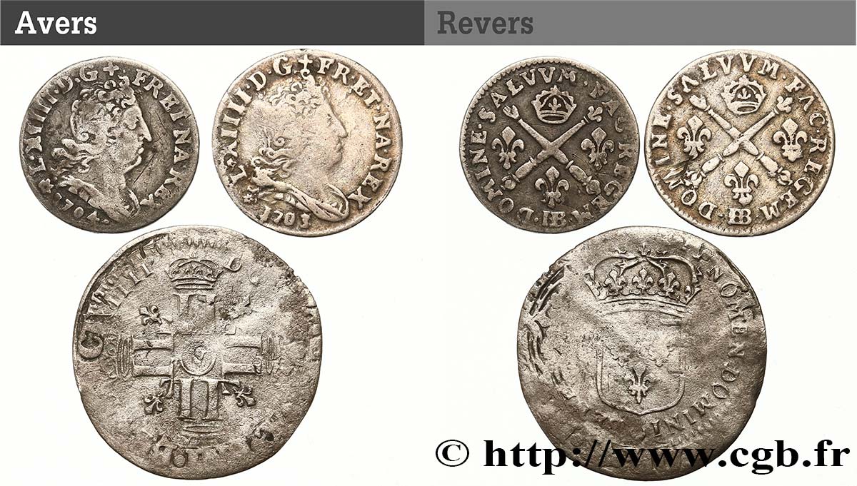 LOUIS XIV LE GRAND OU LE ROI SOLEIL Lot de 3 monnaies royales en argent et billon n.d. Ateliers divers B+