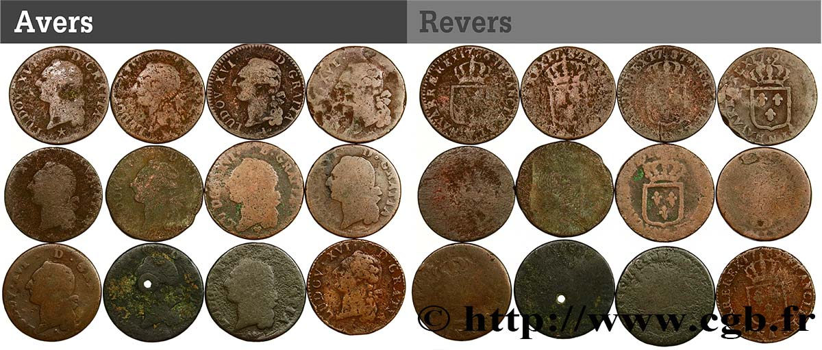 LOUIS XVI Sols dits  à l écu , lot de 12 ex. n.d. Ateliers divers B