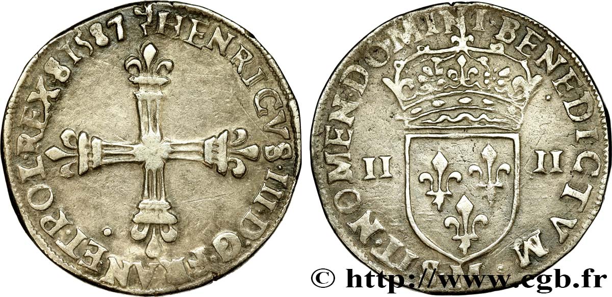 HENRY III Quart d écu, croix de face 1587 Toulouse XF