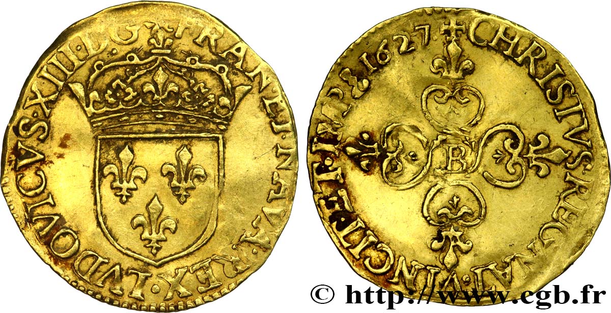 LOUIS XIII LE JUSTE Écu d or au soleil, à la croix anillée fleurdelisée 1627 Rouen TTB+/TTB