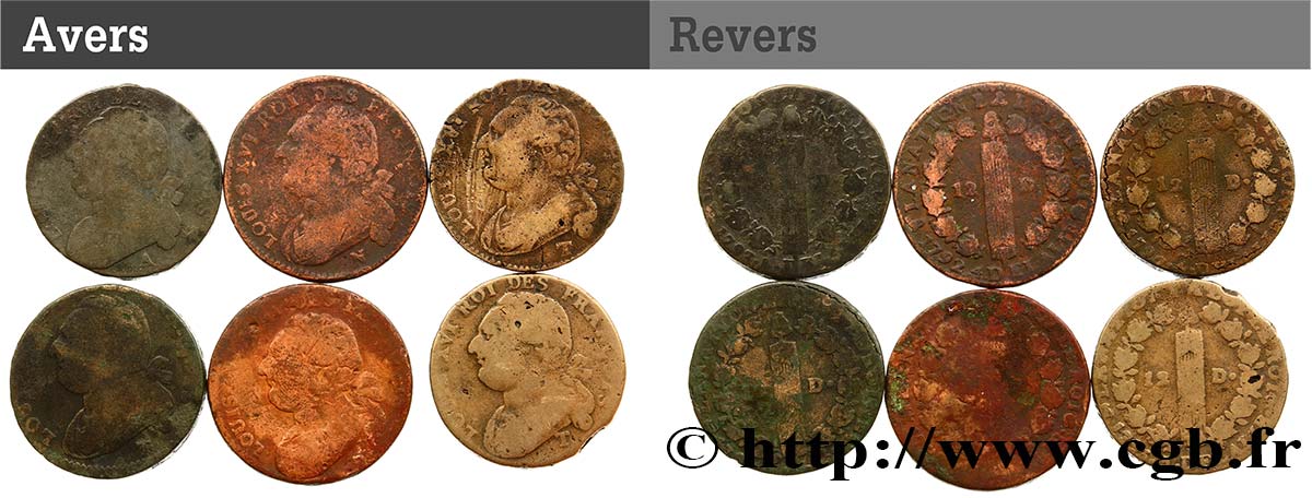 LOTTE Lot de six pièces de 12 deniers dit &nbsp;au faisceau&nbsp;, type FRANCOIS et FRANCAIS n.d. s.l. B