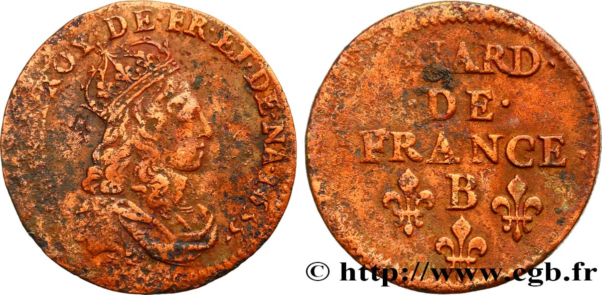 LOUIS XIV LE GRAND OU LE ROI SOLEIL Liard de cuivre, 2e type 1655 Pont-de-l’Arche TB+