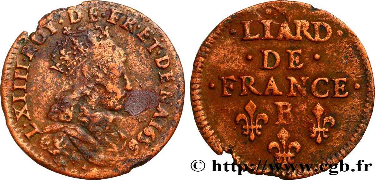 LOUIS XIV LE GRAND OU LE ROI SOLEIL Liard de cuivre, 2e type 1656 Pont-de-l’Arche TB+/TTB
