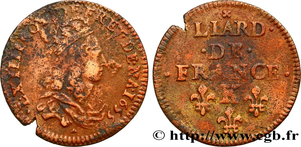 LOUIS XIV LE GRAND OU LE ROI SOLEIL Liard de cuivre 1655 Bordeaux TB/TB+
