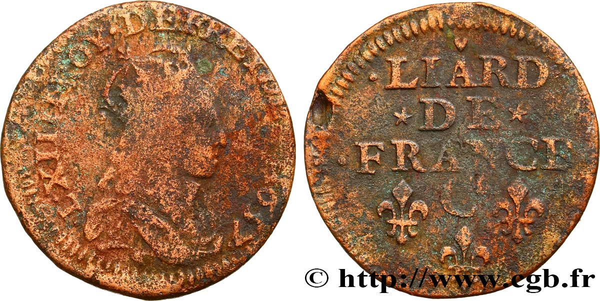 LOUIS XIV LE GRAND OU LE ROI SOLEIL Liard de cuivre, type 5 1657 Caen B+