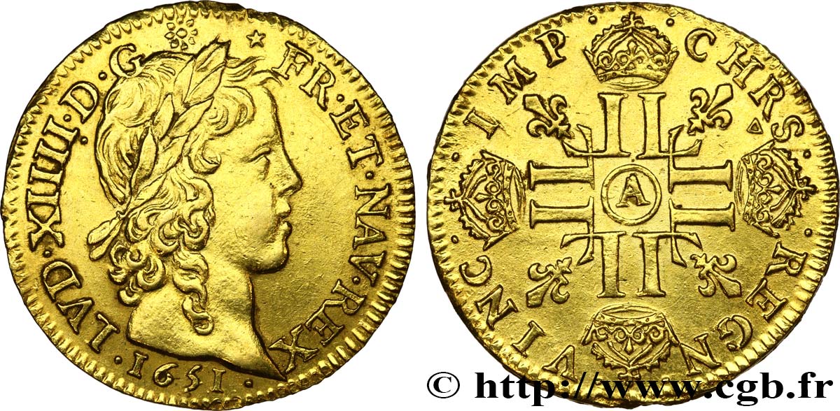 LOUIS XIV &nbsp;THE SUN KING&nbsp; Louis d’or aux huit L, portrait à la mèche longue 1651 Paris AU