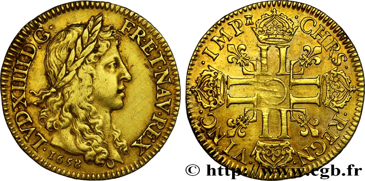 LOUIS XIV  THE SUN KING  Louis d or aux huit L, portrait apollinien 1658 Paris MBC+