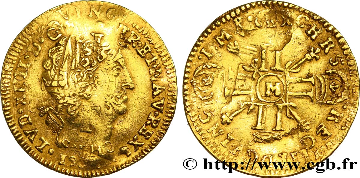 LOUIS XIV  THE SUN KING  Louis d’or aux huit L et aux insignes, fausse réformation 1702 Toulouse VF