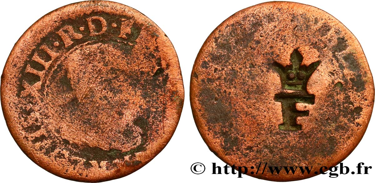 LOUIS XIII LE JUSTE Double tournois, type de La Rochelle, contremarqué n.d. La Rochelle B