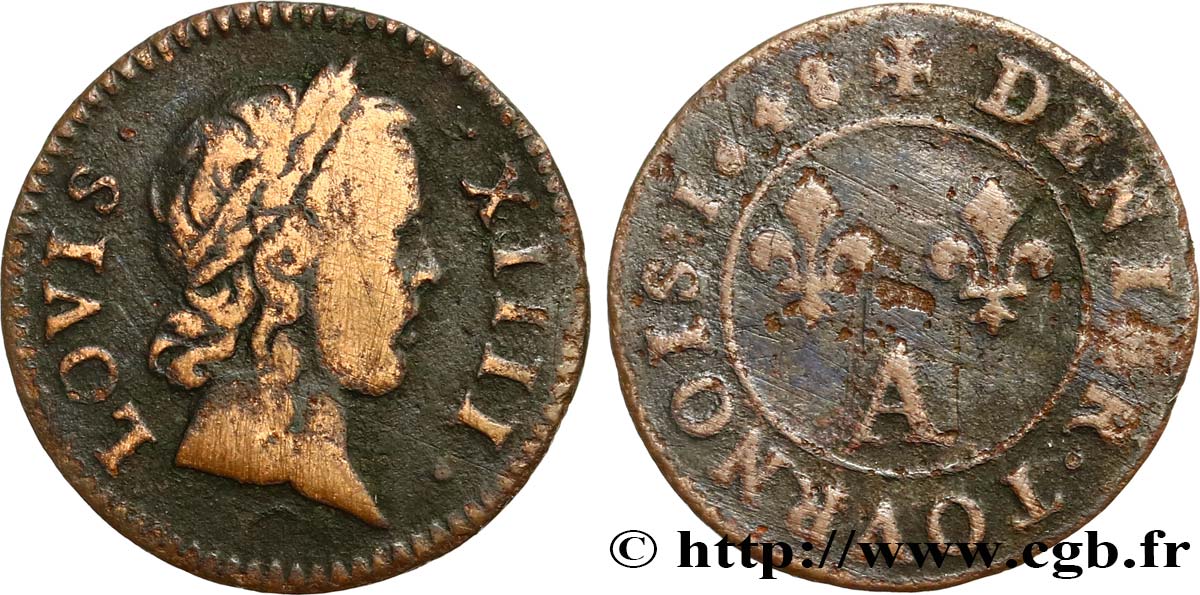 LOUIS XIV LE GRAND OU LE ROI SOLEIL Denier tournois 1648 Paris, Moulin du Louvre TB