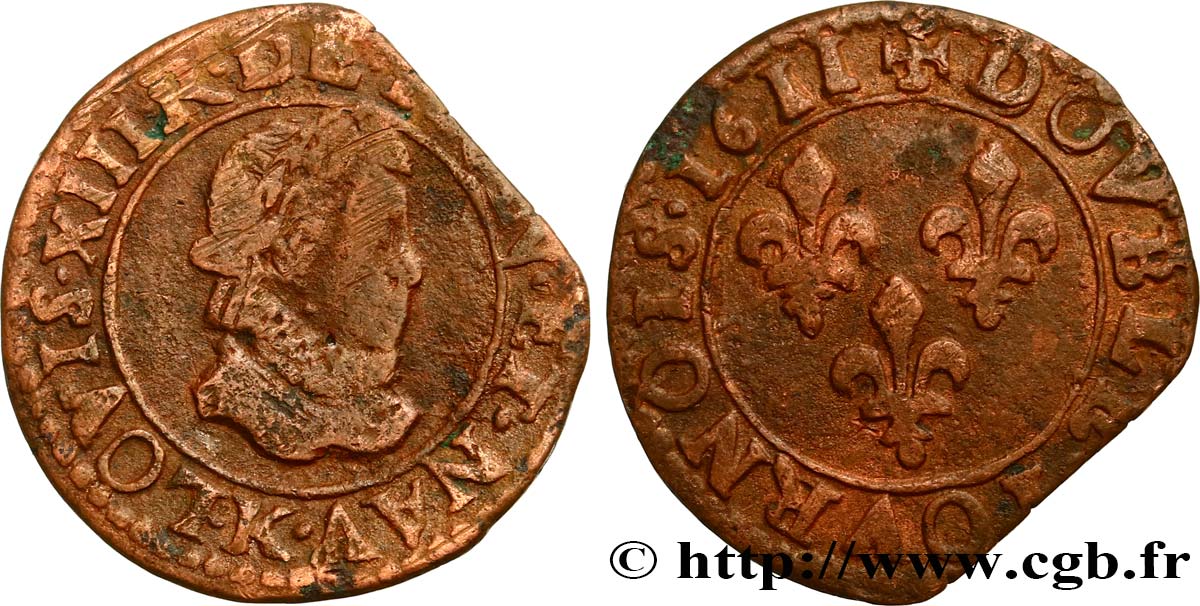 LOUIS XIII LE JUSTE Double tournois, grand buste enfantin, drapé à large fraise 1611 Bordeaux TB/TB+