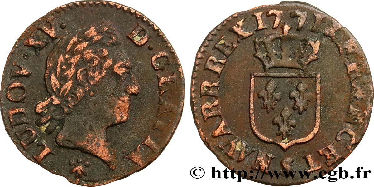 LOUIS XV  THE WELL-BELOVED  Liard dit “à la vieille tête” 1771 Reims BC+/MBC