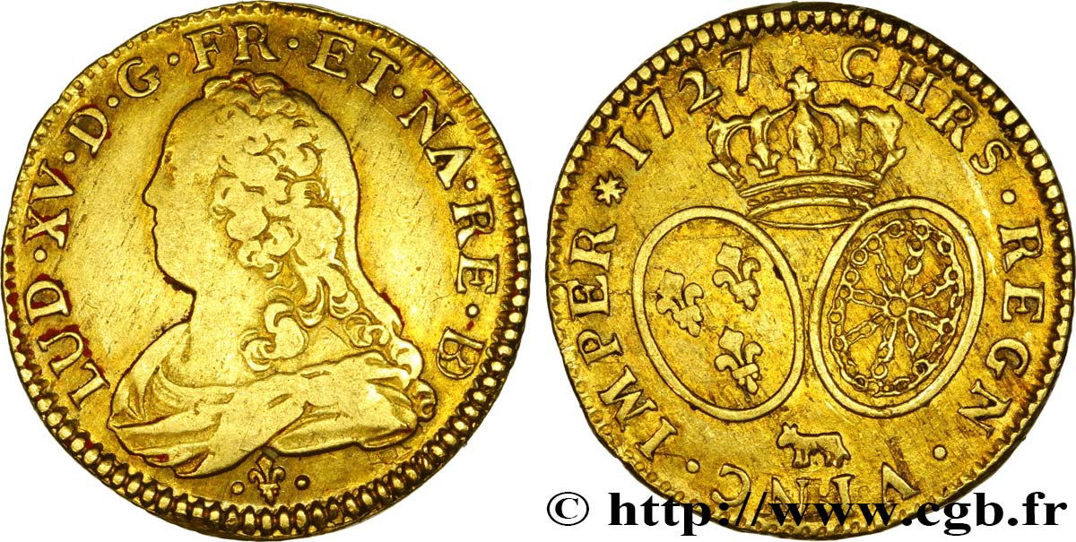 LOUIS XV DIT LE BIEN AIMÉ Louis d or aux écus ovales, buste habillé 1727 Pau TB+/TTB