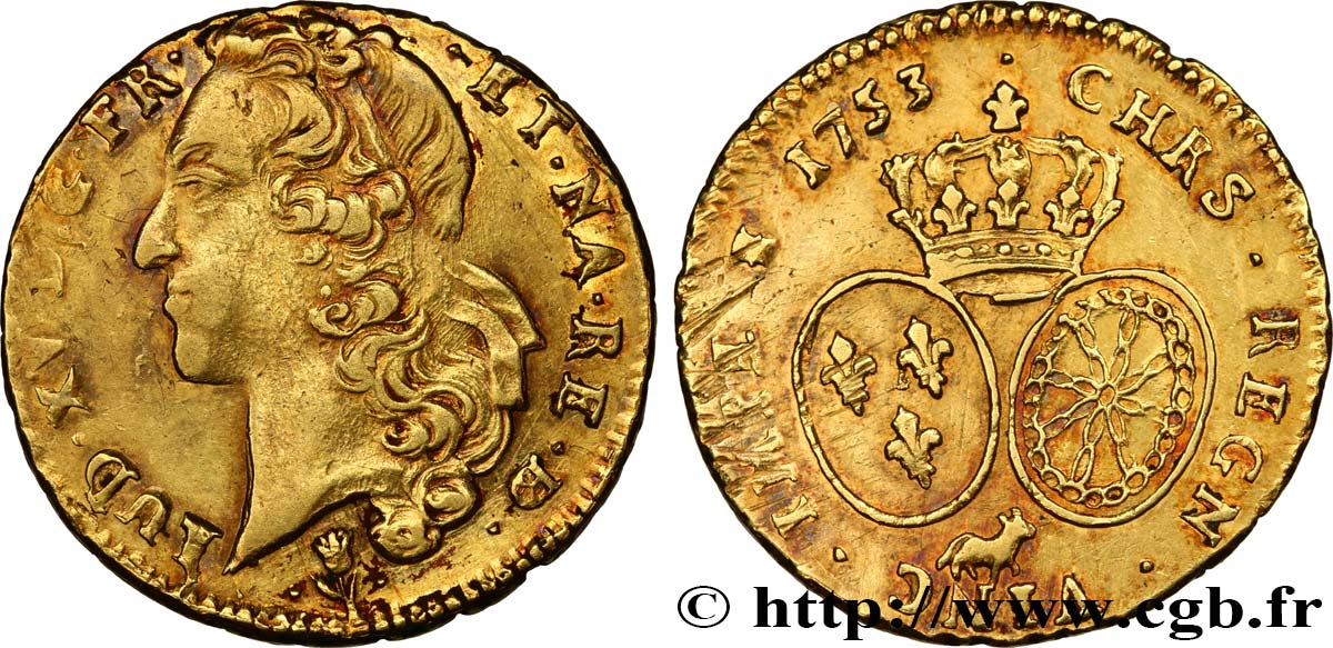 LOUIS XV THE BELOVED Double louis d’or aux écus ovales, tête ceinte d’un bandeau 1753 Pau XF/AU