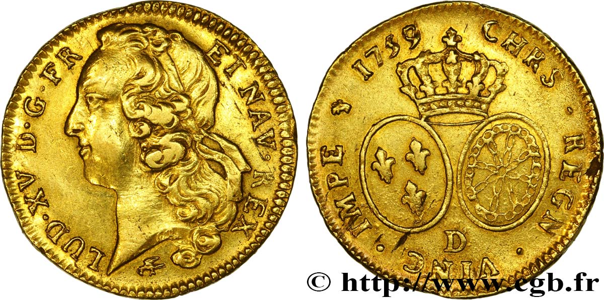 LOUIS XV  THE WELL-BELOVED  Double louis d’or aux écus ovales, tête ceinte d’un bandeau 1759 Lyon XF/AU