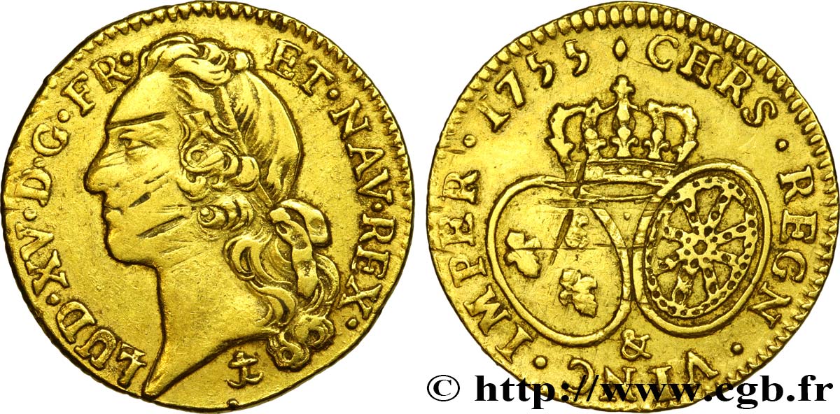 LOUIS XV THE BELOVED Louis d’or aux écus ovales, tête ceinte d’un bandeau 1755 Aix-en-Provence VF