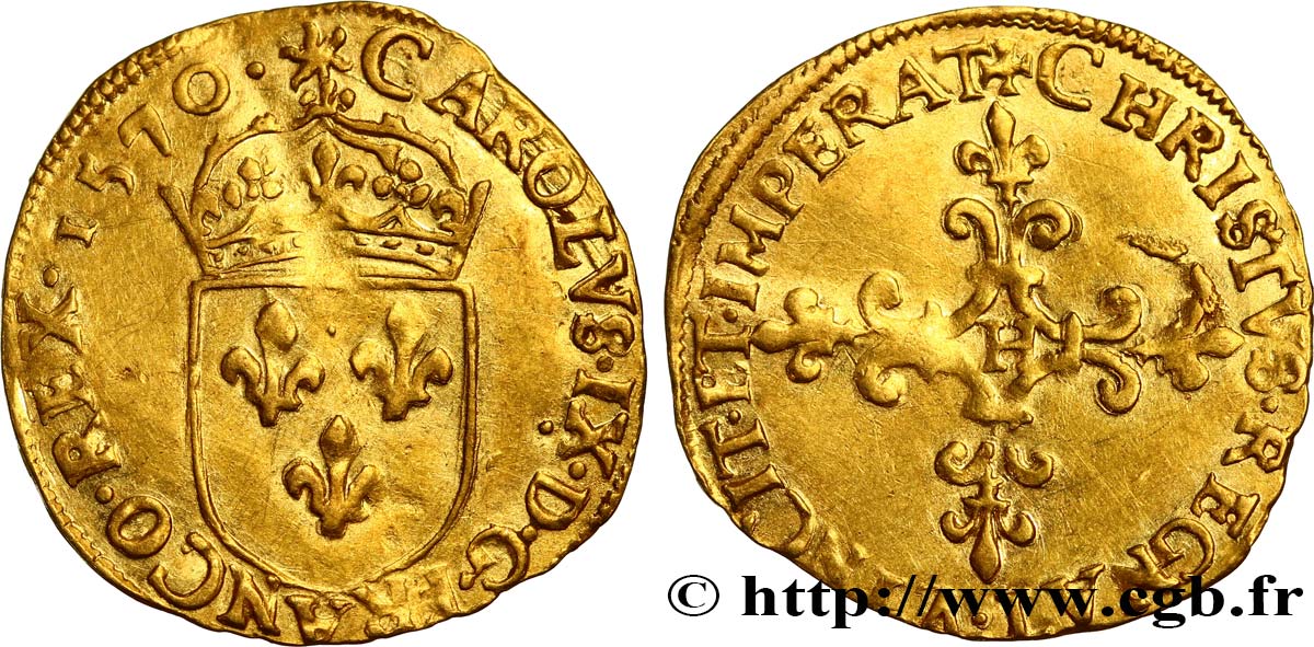 CHARLES IX Écu d or au soleil, 1er type 1570 La Rochelle q.SPL