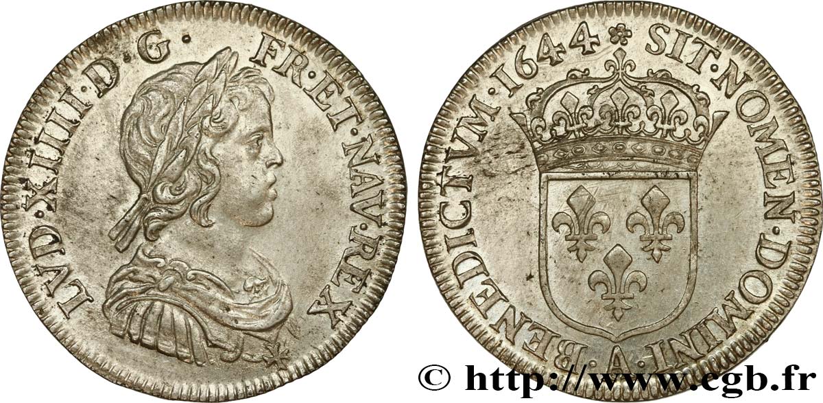 LOUIS XIV LE GRAND OU LE ROI SOLEIL Quart d écu, portrait à la mèche courte 1644 Paris, Monnaie de Matignon SUP/SPL