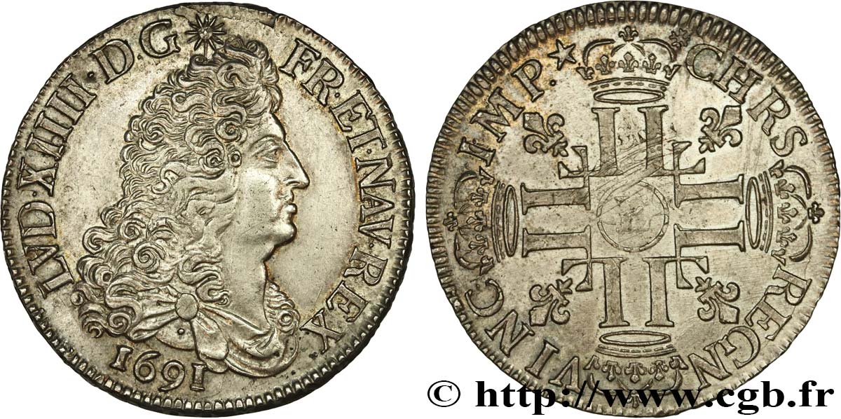 LOUIS XIV  THE SUN KING  Demi-écu aux huit L, 1er type 1691 Tours AU