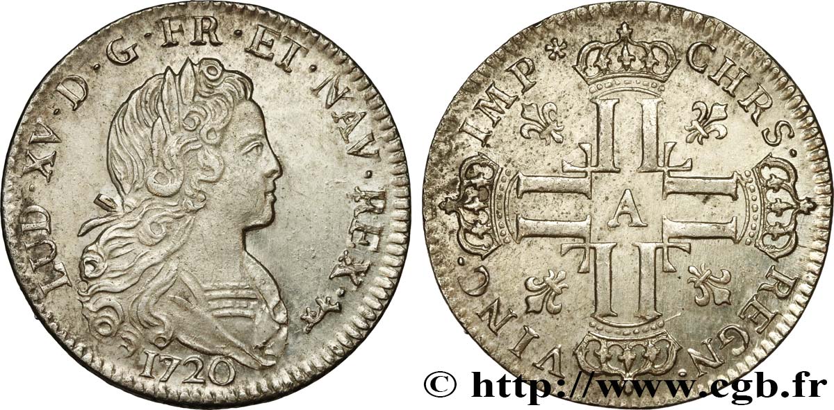 LOUIS XV  THE WELL-BELOVED  Louis d’argent à la croix aux huit L couronnées 1720 Paris EBC