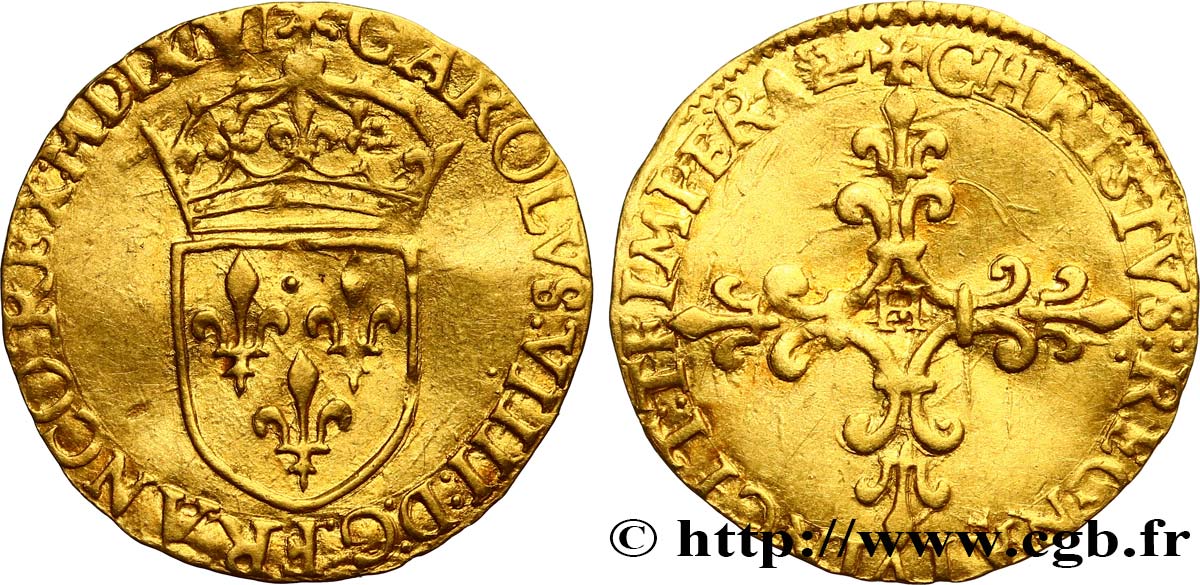 CHARLES IX Écu d&nbsp;or au soleil, 1er type, légende fautée 1565 La Rochelle TTB