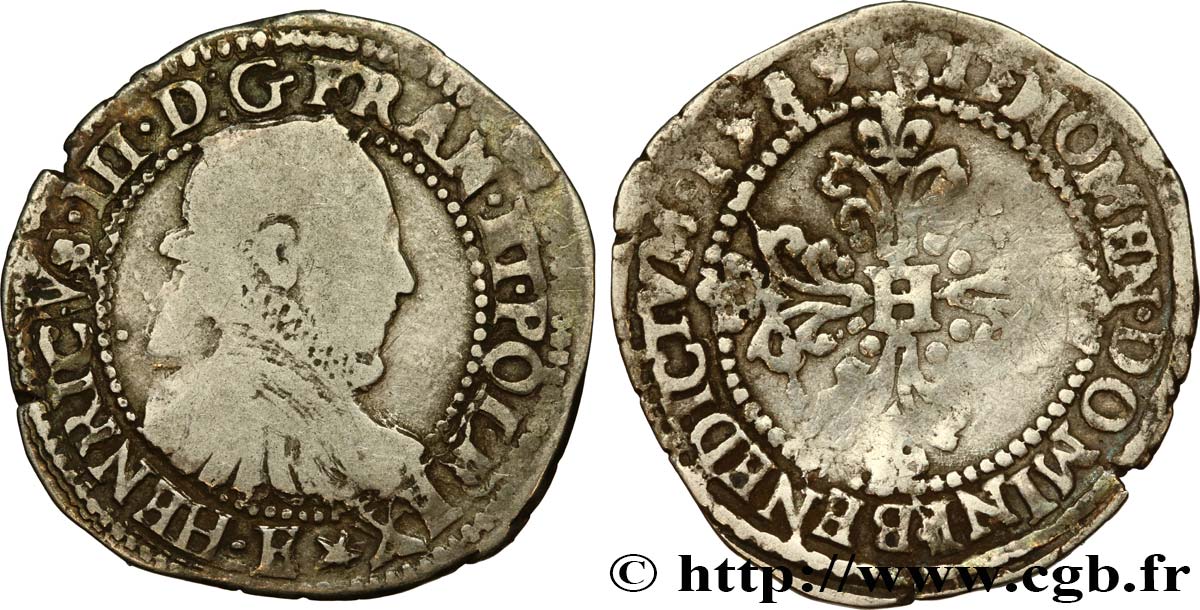 HENRI III Quart de franc au col fraisé 1589 Tours TB