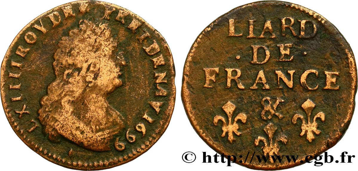 LOUIS XIV  THE SUN KING  Liard, 3e type, buste âgé 1699 Aix-en-Provence VF