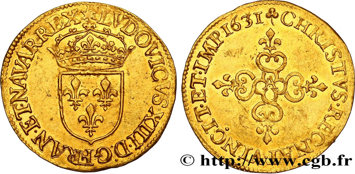 LOUIS XIII  Écu d or au soleil, à la croix anillée fleurdelisée 1631 Paris MBC+/EBC