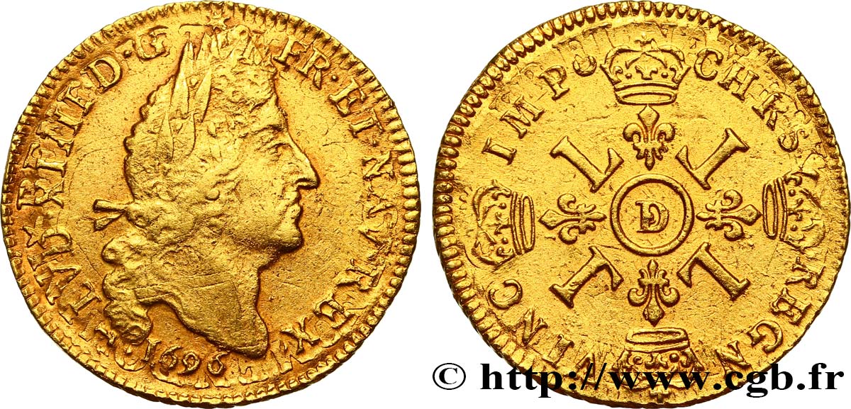 LOUIS XIV  THE SUN KING  Louis d or aux quatre L 1696 Lyon q.BB/BB