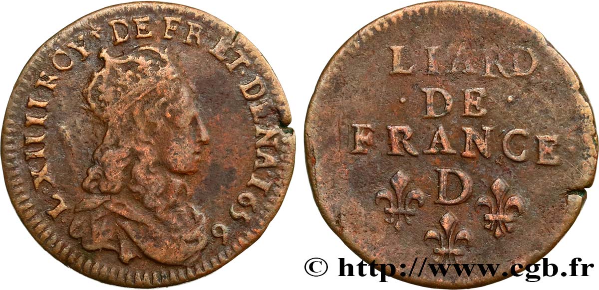 LOUIS XIV  THE SUN KING  Liard de cuivre, 2e type 1656 Vimy-en-Lyonnais (actuellement Neuville-sur-Saône) VF