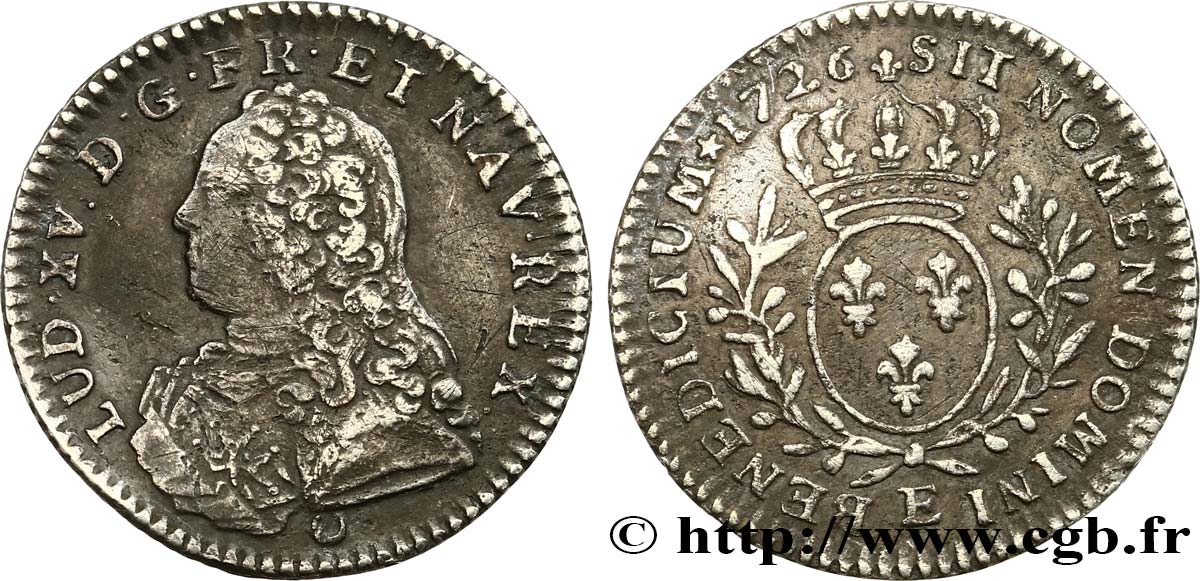 LOUIS XV  THE WELL-BELOVED  Dixième d’écu aux branches d’olivier, buste habillé 1726 Tours SS