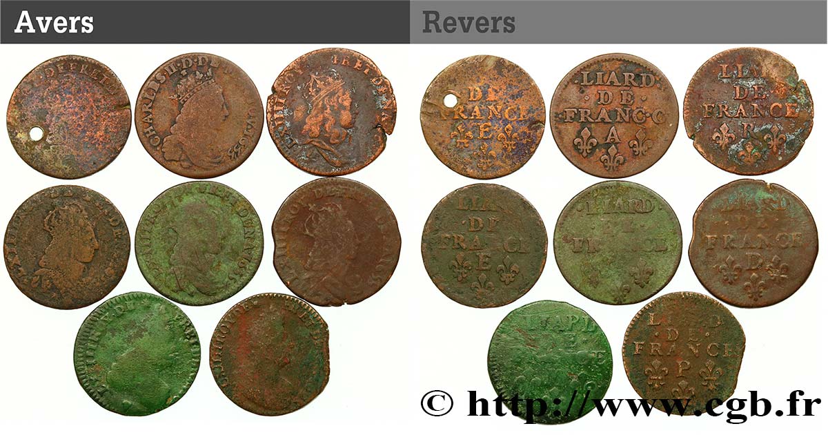 LOUIS XIV LE GRAND OU LE ROI SOLEIL Lot de huit liards n.d. Ateliers divers B+