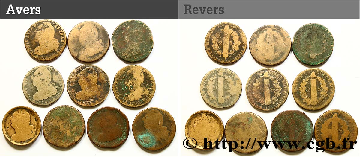 LOUIS XVI (MONARQUE CONSTITUTIONNEL)  Lot de dix pièces de 2 sols dit  au faisceau , type FRANÇOIS n.d. s.l. B