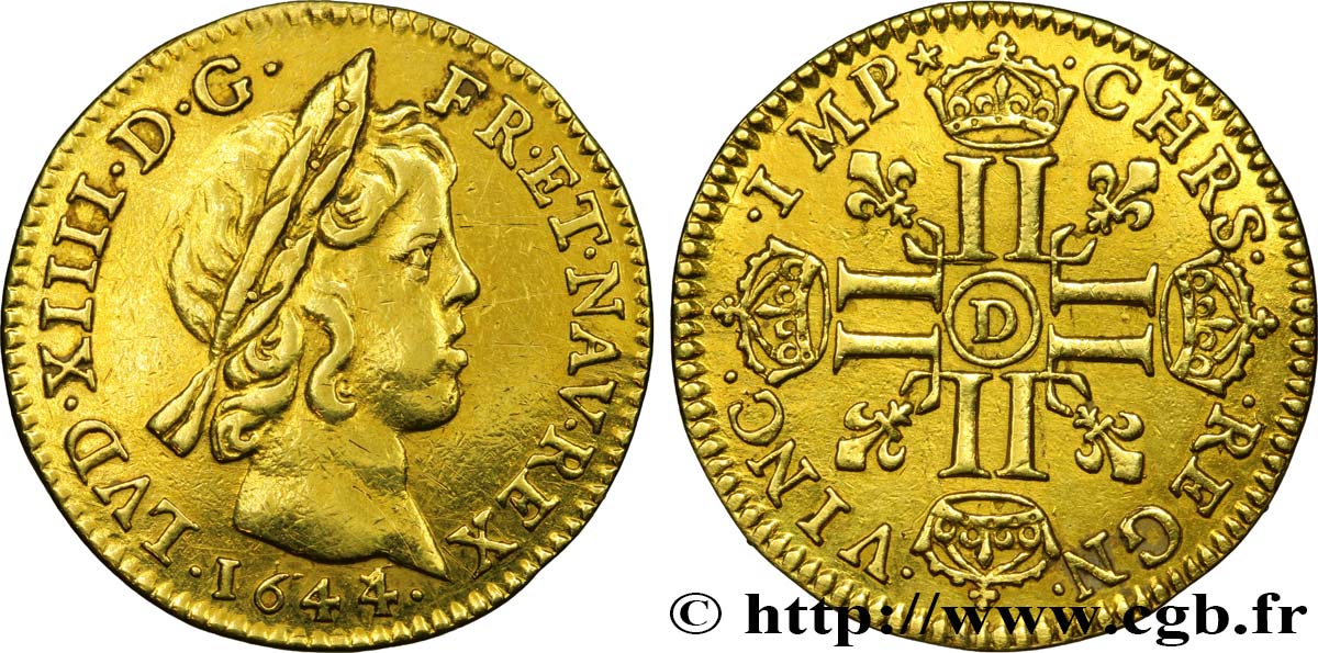 LOUIS XIV  THE SUN KING  Demi-louis d or aux huit L, portrait à la mèche courte 1644 Lyon MBC+/EBC