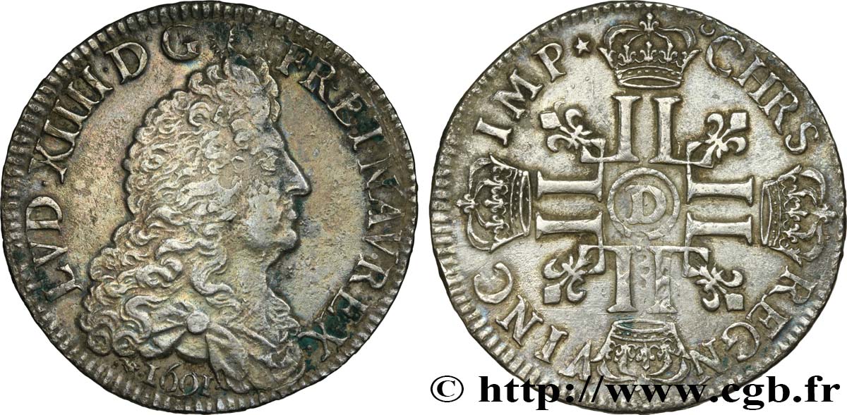 LOUIS XIV  THE SUN KING  Écu aux huit L, 1er type 1691 Lyon XF/AU