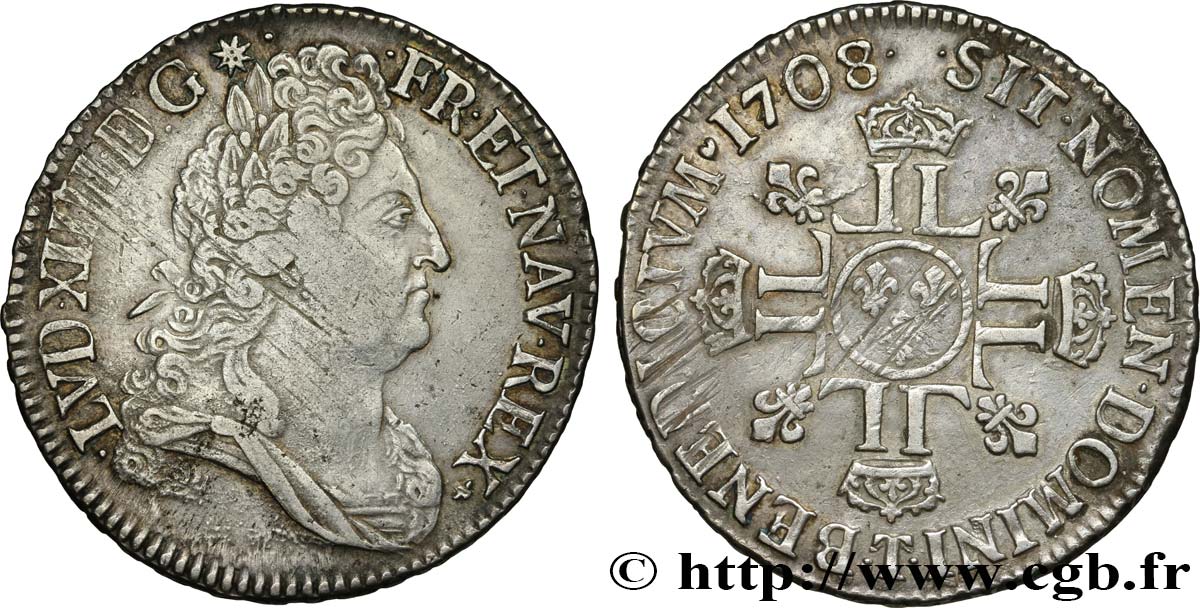 LOUIS XIV  THE SUN KING  Écu aux huit L, 2e type, tête laurée 1708 Nantes XF/AU
