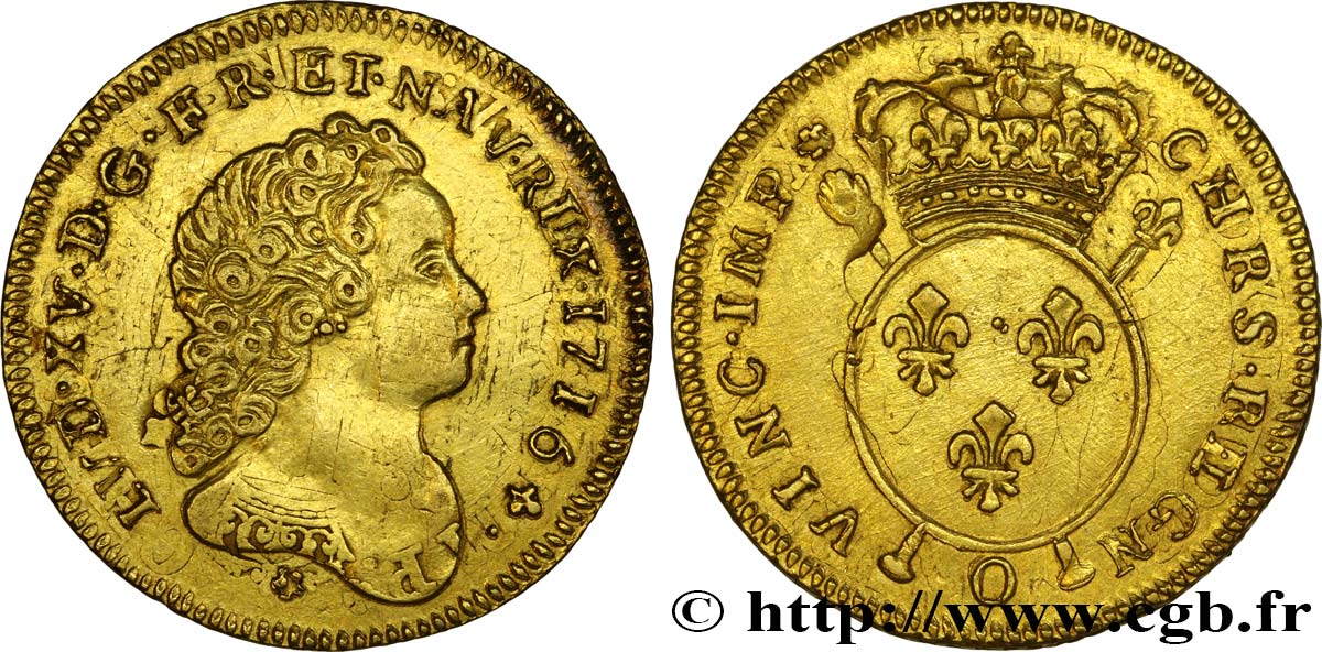 LOUIS XV  THE WELL-BELOVED  Double louis d or aux insignes (fausse réformation) 1716 Riom AU/AU