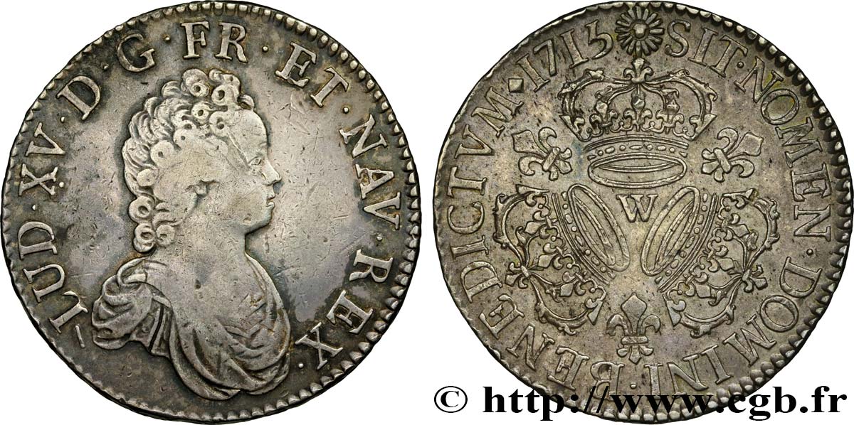 LOUIS XV THE BELOVED Écu aux trois couronnes 1715 Lille VF/AU