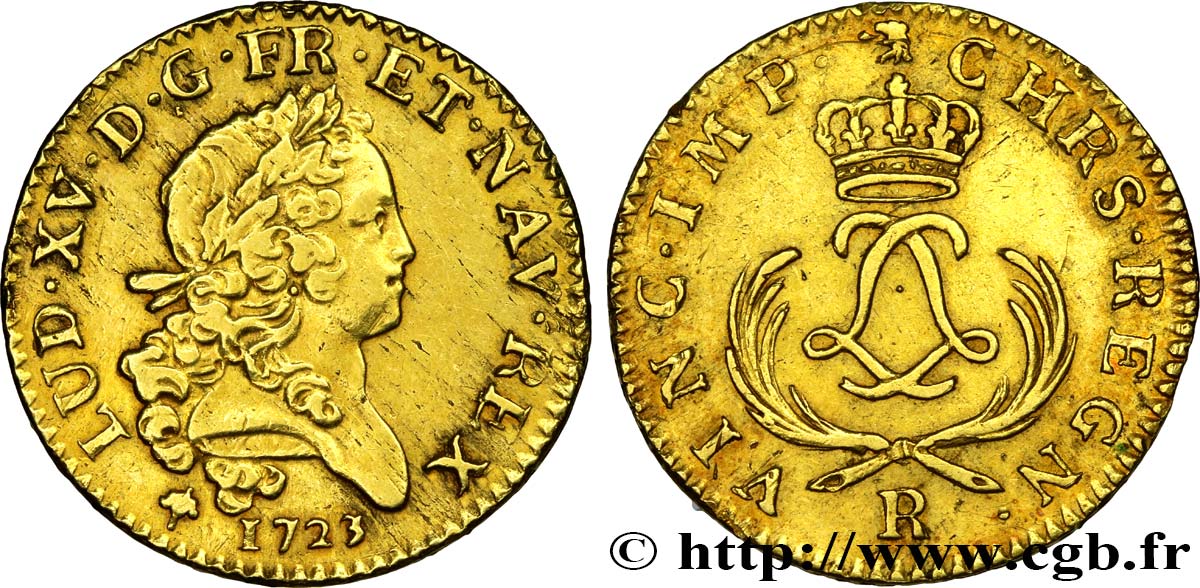 LOUIS XV  THE WELL-BELOVED  Louis d or aux deux L entrelacées et aux palmes courtes 1723 Orléans MBC+
