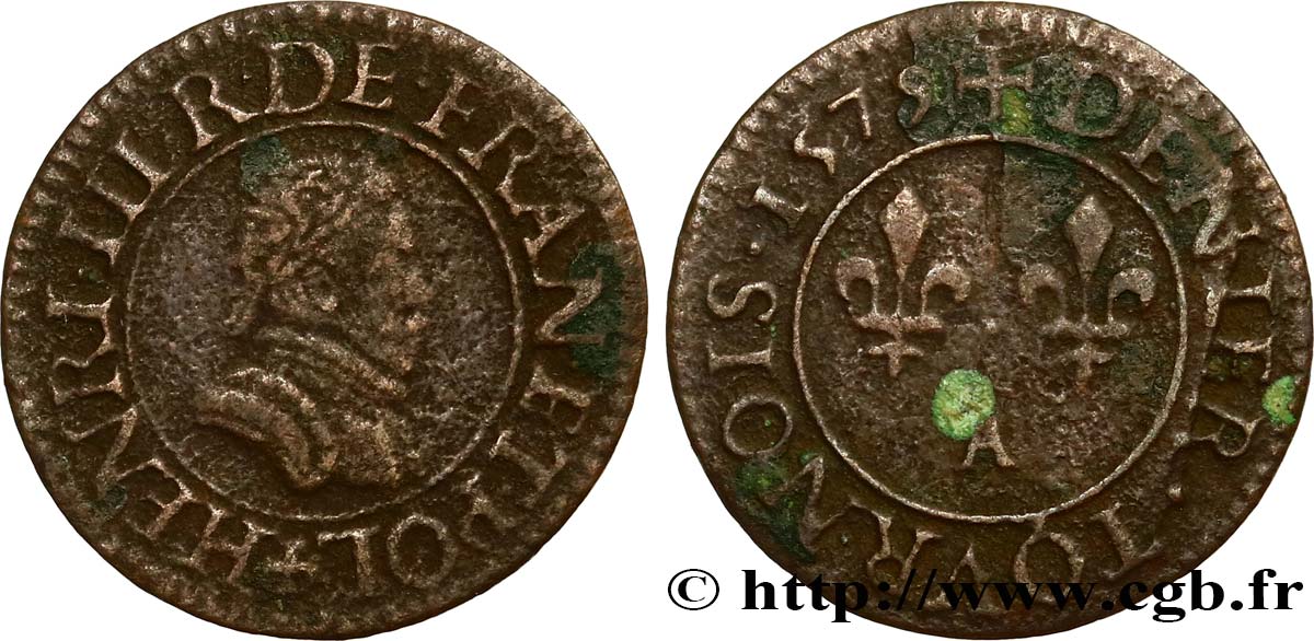HENRI III Denier tournois, 1er type de Paris 1579 Paris, Moulin des Étuves TB