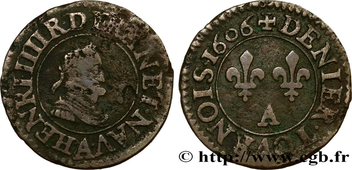 HENRI IV LE GRAND Denier tournois, 1er type de Paris (légende française) 1606 Paris TB/TB+