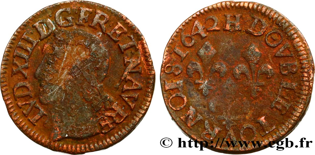 LOUIS XIII LE JUSTE Double tournois, type de Warin 1642 La Rochelle B+