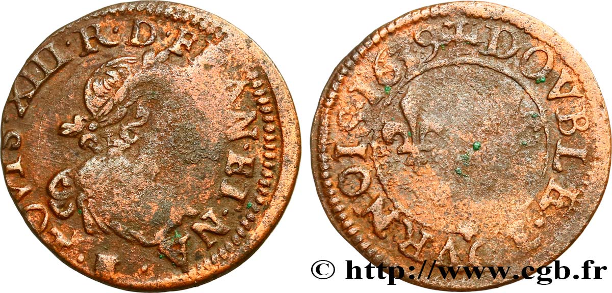 LOUIS XIII LE JUSTE Double tournois, 19e type 1639 Tours B+