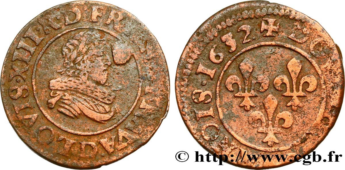 LOUIS XIII LE JUSTE Double tournois, type 8 1632 Lyon B+