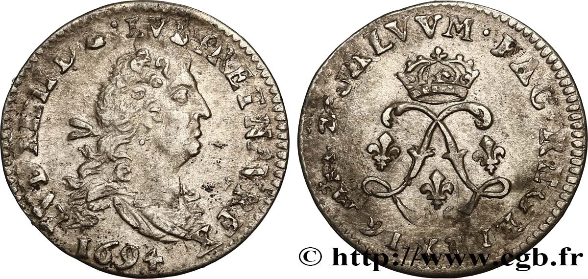 LOUIS XIV LE GRAND OU LE ROI SOLEIL Quatre sols aux deux L 1694 Atelier indéterminé TB+